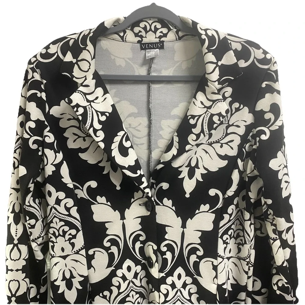 VENUS Womens Black&White Printed Floral‎ Button-up Long Blazer Cardigan Sz. M